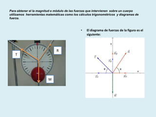 Para obtener el la magnitud o módulo de las fuerzas que intervienen sobre un cuerpo
utilizamos herramientas matemáticas como los cálculos trigonométricos y diagramas de
fuerza.
•
R
T
W
El diagrama de fuerzas de la figura es el
siguiente: