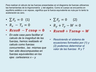 Para realizar el cálculo de las fuerzas presentadas en el diagrama de fuerzas utilizamos
las herramientas de la trigonometría y del algebra. Como el cuerpo se encuentra en
equilibrio estático o en reposo, significa que la fuerza equivalente es nula por lo tanto la
aceleración es cero.