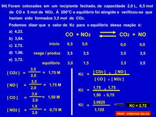 04) Foram colocados em um recipiente fechado, de capacidade 2,0 L, 6,5 mol
de CO e 5 mol de NO2. À 200°C o equilíbrio foi atingido e verificou-se que
haviam sido formados 3,5 mol de CO2.
Podemos dizer que o valor de Kc para o equilíbrio dessa reação é:
a) 4,23.
b) 3,84.
c) 2,72.
d) 1,96.
e) 3,72.
=KC
[ CO2 ] [ NO ]
[ CO ] [ NO2 ]
x
x
CO + NO2 CO2 + NO
início
reage / produz
equilíbrio 3,5 3,5
3,5 3,5
3,0 1,5
6,5 5,0
3,5 3,5
0,0 0,0
[ NO ] =
3,5
2,0
= 1,75 M
[ NO2 ] =
1,5
2,0
= 0,75 M
[ CO2 ]
2,0
=
3,5
= 1,75 M
[ CO ] =
3,0
2,0
= 1,50 M
1,75
1,50 0,75
1,75
=KC x
x
3,0625
1,125
=KC KC = 2,72
PROF. VINICIUS SILVA
 