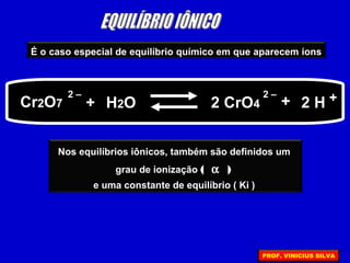 É o caso especial de equilíbrio químico em que aparecem íons
Cr2O7 2 H
2 –
+ H2O 2 CrO4
2 –
+ +
Nos equilíbrios iônicos, também são definidos um
grau de ionização ( α )
e uma constante de equilíbrio ( Ki )
PROF. VINICIUS SILVA
 