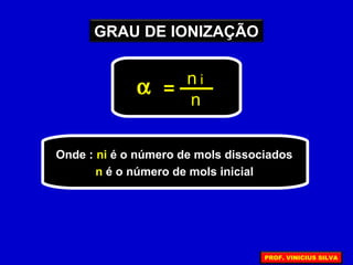 Onde : ni é o número de mols dissociados
n é o número de mols inicial
α n i
n
=
GRAU DE IONIZAÇÃO
PROF. VINICIUS SILVA
 