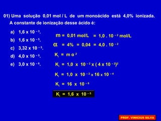 01) Uma solução 0,01 mol / L de um monoácido está 4,0% ionizada.
A constante de ionização desse ácido é:
m = 0,01 mol/L
α = 4%
= 1,0 . 10 – 2
mol/L
= 0,04 = 4,0 . 10 – 2
Ki
= m α 2
Ki = 1,0 x 10 – 2
x ( 4 x 10 – 2
)2
Ki = 1,0 x 10 – 2
x 16 x 10 – 4
Ki = 16 x 10 – 6
Ki = 1,6 x 10 – 5
a) 1,6 x 10 – 3
.
b) 1,6 x 10 – 5
.
c) 3,32 x 10 – 5
.
d) 4,0 x 10 – 5
.
e) 3,0 x 10 – 6
.
PROF. VINICIUS SILVA
 