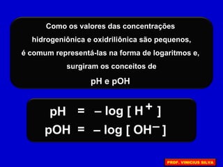 Como os valores das concentrações
hidrogeniônica e oxidriliônica são pequenos,
é comum representá-las na forma de logaritmos e,
surgiram os conceitos de
pH e pOH
pH
pOH
=
=
– log [ H ]
– log [ OH ]
+
–
PROF. VINICIUS SILVA
 