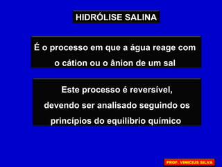É o processo em que a água reage com
o cátion ou o ânion de um sal
Este processo é reversível,
devendo ser analisado seguindo os
princípios do equilíbrio químico
HIDRÓLISE SALINA
PROF. VINICIUS SILVA
 