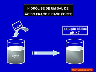 HIDRÓLISE DE UM SAL DE
ÁCIDO FRACO E BASE FORTE
água
KCN
solução básica
pH > 7
PROF. VINICIUS SILVA
 