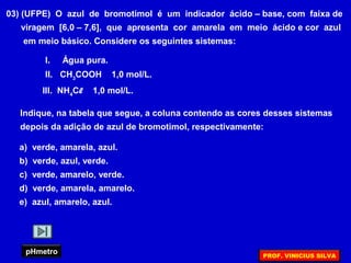 03) (UFPE) O azul de bromotimol é um indicador ácido – base, com faixa de
viragem [6,0 – 7,6], que apresenta cor amarela em meio ácido e cor azul
em meio básico. Considere os seguintes sistemas:
I. Água pura.
II. CH3
COOH 1,0 mol/L.
III. NH4
Cl 1,0 mol/L.
Indique, na tabela que segue, a coluna contendo as cores desses sistemas
depois da adição de azul de bromotimol, respectivamente:
a) verde, amarela, azul.
b) verde, azul, verde.
c) verde, amarelo, verde.
d) verde, amarela, amarelo.
e) azul, amarelo, azul.
pHmetro PROF. VINICIUS SILVA
 