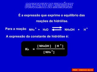 É a expressão que exprime o equilíbrio das
reações de hidrólise.
Para a reação NH4 + H2O NH4OH + H
+ +
A expressão da constante de hidrólise é:
Kh =
[ NH4OH ] [ H ]+
[ NH4 ]+
PROF. VINICIUS SILVA
 
