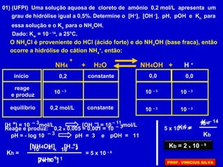 01) (UFPI) Uma solução aquosa de cloreto de amônio 0,2 mol/L apresenta um
grau de hidrólise igual a 0,5%. Determine o [H+
], [OH –
], pH, pOH e Kh
para
essa solução e o Kb
para o NH4
OH.
Dado: Kw
= 10 – 14
, a 25°C.
O NH4
Cl é proveniente do HCl (ácido forte) e do NH4
OH (base fraca), então
ocorre a hidrólise do cátion NH4
+
, então:
início
reage
e produz
equilíbrio
0,2
0,2 mol/L
0,0constante
constante
0,0
NH4 + H2O NH4OH + H +
+
Reage e produz: 0,2 x 0,005 = 0,001 = 10 – 3
10 – 3 10 – 3
10 – 3
10 – 3
10 – 3
Kh =
+
pH = - log 10 – 3 pH = 3
[H ] = 10 mol/L+ – 3 [OH ] = 10 mol/L– 11–
e pOH = 11
[NH4 ]+
[NH4OH] [H ]
= 5 x 10 – 6
2 x 10
10 – 3
– 1
10 X
– 3
Kh =
Kw
Kb = 2 x 10 – 9
5 x 10 =– 6
10 – 14
Kb
PROF. VINICIUS SILVA
 