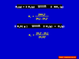 N2(g) + 3 H2(g) 2 NH3 (g)
[NH3]2
[N2] . [H2]3
Kc =
2 H2O( g ) 2 H2(g) + O2(g)
Kc =
[H2]2
. [O2]
[H2O]2
PROF. VINICIUS SILVA
 
