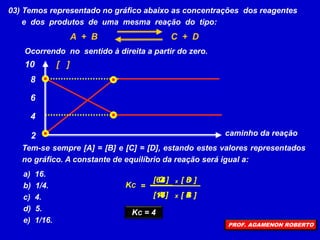 03) Temos representado no gráfico abaixo as concentrações dos reagentes
e dos produtos de uma mesma reação do tipo:
A + B C + D
Ocorrendo no sentido à direita a partir do zero.
Tem-se sempre [A] = [B] e [C] = [D], estando estes valores representados
no gráfico. A constante de equilíbrio da reação será igual a:
2
4
6
8
10 [ ]
caminho da reação
a) 16.
b) 1/4.
c) 4.
d) 5.
e) 1/16.
=
[ C ]
KC
8
x [ D ]
[ A ] x [ B ]
8
4
4
16
64
KC = 4
PROF. AGAMENON ROBERTO
 