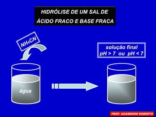 HIDRÓLISE DE UM SAL DE
ÁCIDO FRACO E BASE FRACA
água
solução final
pH > 7 ou pH < 7
PROF. AGAMENON ROBERTO
 