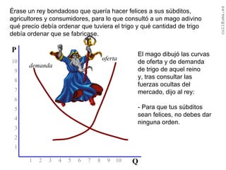 1  2  3  4  5  6  7  8  9  10 10 9 8 7 6 5 4 3 2 1 P Q oferta demanda Érase un rey bondadoso que quería hacer felices a sus súbditos, agricultores y consumidores, para lo que consultó a un mago adivino qué precio debía ordenar que tuviera el trigo y qué cantidad de trigo debía ordenar que se fabricase. El mago dibujó las curvas de oferta y de demanda de trigo de aquel reino y, tras consultar las fuerzas ocultas del mercado, dijo al rey: - Para que tus súbditos sean felices, no debes dar ninguna orden. 