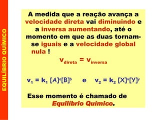 A medida que a reação avança a  velocidade direta  vai  diminuindo  e a  inversa aumentando , até o momento em que as duas tornam-se  iguais  e a  velocidade global nula  !  v direta  = v inversa v 1  = k 1   [A] a [B] b   e  v 2  = k 2   [X] x [Y] y Esse momento é chamado de  Equilíbrio Químico . EQUILÍBRIO QUÍMICO 