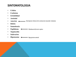 SINTOMATOLOGIA
• Cefalea
• Confusion
• Irritabilidad
• Ansiedad
• Asterixis
• Delirio
• Somnolencia
• Papilidema
• Taquicardia
• Sudoracion
• Hipotension
Interrupcion ritmica de la contraccion muscular voluntaria
Hinchazon del nervio optico
Baja presion arterial
 