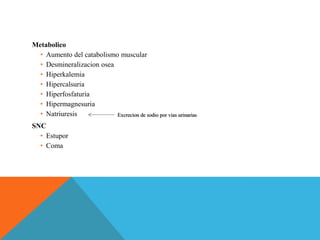 Metabolico
• Aumento del catabolismo muscular
• Desmineralizacion osea
• Hiperkalemia
• Hipercalsuria
• Hiperfosfaturia
• Hipermagnesuria
• Natriuresis
SNC
• Estupor
• Coma
Excrecion de sodio por vias urinarias
 