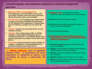 Los principales mecanismos tampones o sistemas tampones son tres: 1.- Sistemas buffer o neutralizadores: formados por un ácido débil y una sal de ese ácido. Existen varios de estos sistemas de localización intra y extracelular: 	Bicarbonato: es el tampón más importante y el que en mayor cantidad está presente en los líquidos del organismo. Es generado por los riñones y ayuda a la excreción de H+.