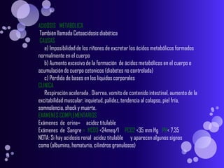 TRATAMIENTOEl tratamiento está orientado a la condición subyacente. En ciertas circunstancias, se puede administrar bicarbonato de sodio (soda para hornear) para mejorar la acidez de la sangre. Valorar los resultados de ionograma  y  vigilando  las concentraciones de potasio 