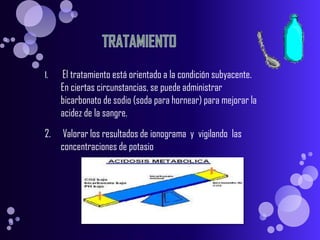 ACIDOSISRESPIRATORIA Alteraciones pulmonares  agudas  CAUSAS     a) Obstrucción de vías aéreas, Colapso Infecciones pulmonares      b) Fallo cardiaco súbito      c) Dificultad en la eliminación de  Co2 que al aumentar impide  el desdoblamiento del H2 CO3    d) Depresión del SNC y daño en centro respiratorio del bulboCLINICA     Respiración acelerada y  agitada de Kussmaul, hipercapnea, asterixis, ingurgitación de los vasos retinianos, somnolencia EXAMENES COMPLEMENTARIOSExámenes  de  orina=     excreción de ácidosExámenes  de  Sangre =  HCO3 Normal   PCO2 >40 mm Hg  PH< 7,35