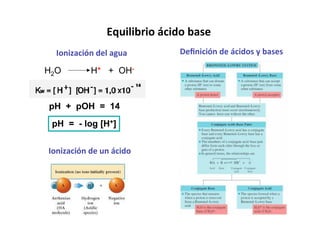 Equilibrio ácido base
  Ionización del agua        Deﬁnición de ácidos y bases

H2O        H+ + OH-


pH + pOH = 14
 pH = - log [H+]


Ionización de un ácido
 
