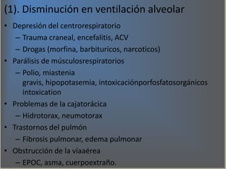 (1). Disminución en ventilación alveolar
• Depresión del centrorespiratorio
– Trauma craneal, encefalitis, ACV
– Drogas (m...