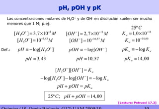 pH, pOH y pKpH, pOH y pK
Def.:
4
3[ ] 3,7 10H O M+ −
= ×
3log[ ]pH H O+
≡ −
Las concentraciones molares de H3O+
y de OH-
en disolución suelen ser mucho
menores que 1 M; p.ej:
11
[ ] 2,7 10OH M− −
= ×
3,43
3[ ] 10H O M+ −
= 10,57
[ ] 10OH M− −
=
log[ ]pOH OH −
≡ −
3,43pH = 10,57pH =
14,00
10wK −
=
logw wpK K≡ −
14,00wpK =
14
1,0 10wK −
= ×
25ºC
3[ ][ ] wH O OH K+ −
=
3log[ ] log[ ] log wH O OH K+ −
− − = −
wpH pOH pK+ =
25º ;C 14,00pH pOH+ =
[Lectura: Petrucci 17.3]
 