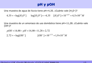 pH y pOHpH y pOH
Una muestra de agua de lluvia tiene pH=4,35. ¿Cuánto vale [H3O+
]?
34,35 log[ ]H O+
= − 3log[ ] 4,35H O+
= − 4,35 5
3[ ] 10 4,5 10H O M+ − −
= = ×
Una muestra de un amoniaco de uso doméstico tiene pH=11,28. ¿Cuánto vale
[OH-
]?
14,00 14,00 11,28 2,72pOH pH= − = − =
2,72 log[ ]OH −
= − 2,72 3
[ ] 10 1,9 10OH M− − −
= = ×
 