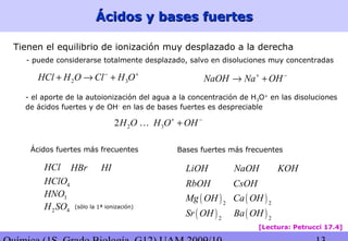 Ácidos y bases fuertesÁcidos y bases fuertes
Tienen el equilibrio de ionización muy desplazado a la derecha
2 3HCl H O Cl H O− +
+ → + NaOH Na OH+ −
→ +
- puede considerarse totalmente desplazado, salvo en disoluciones muy concentradas
- el aporte de la autoionización del agua a la concentración de H3O+
en las disoluciones
de ácidos fuertes y de OH-
en las de bases fuertes es despreciable
2 32H O H O OH+ −
+…
Ácidos fuertes más frecuentes Bases fuertes más frecuentes
HCl HBr HI
4HClO
3HNO
2 4H SO (sólo la 1ª ionización)
LiOH NaOH KOH
RbOH CsOH
( )2
Mg OH ( )2
Ca OH
( )2
Sr OH ( )2
Ba OH
[Lectura: Petrucci 17.4]
 