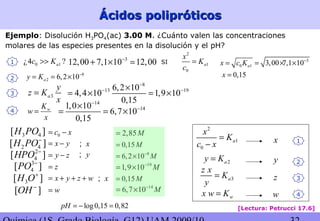 Ácidos polipróticosÁcidos polipróticos
[Lectura: Petrucci 17.6]
3 4[ ]H PO
2 4[ ]H PO−
2
4[ ]HPO −
3
4[ ]PO −
3[ ]H O+
[ ]OH −
x y= −
y z= −
z=
x y z w= + + +
w=
0c x= −
x;
y;
x;
2
1
0
a
x
K
c x
=
−
2ay K=
3a
z x
K
y
=
wx w K=
y
1x
2
z
w
3
4
Ejemplo: Disolución H3PO4(ac) 3.00 M. ¿Cuánto valen las concentraciones
molares de las especies presentes en la disolución y el pH?
0 1¿4 ?ac K>> 3
12,00 7,1 10 12,00−
+ × = SI
2
1
0
a
x
K
c
= 3
0 1 3,00 7,1 10ax c K −
= = × ×1
8
2 6,2 10ay K −
= = ×2
3a
y
z K
x
=
0,15x =
8
13 196,2 10
4,4 10 1,9 10
0,15
−
− −×
= × = ×3
4 wK
w
x
=
14
141,0 10
6,7 10
0,15
−
−×
= = ×
2,85M=
0,15M=
0,15M=
8
6,2 10 M−
= ×
19
1,9 10 M−
= ×
14
6,7 10 M−
= ×
log0,15 0,82pH = − =
 