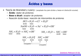 Ácidos y basesÁcidos y bases
• Teoría de Brønsted y Lowry: (aceptada hoy para ácidos y bases en disolución acuosa)
– Ácido: dador de protones
– Base o álcali: aceptor de protones
– Reacción ácido-base: reacción de intercambio de protones
[Lectura: Petrucci 17.2]
2 2NaOH H O Na H O OH+ −
+ → + +
ácidobase
3 2 4NH H O NH OH+ −
+ → +
ácidobase
3 2 4NH H O NH OH+ −
+ +ƒ
3 2 4NH H O NH OH+ −
+ ¬ +
ácido base
ácidobase ácido base
2 3HCl H O Cl H O− +
+ → +
ácido base
conjugados
conjugados
 