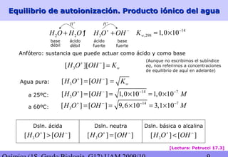 Equilibrio de autoionización. Producto iónico del aguaEquilibrio de autoionización. Producto iónico del agua
2 2 3H O H O H O OH+ −
+ +ƒ 14
,298 1,0 10wK −
= ×
Agua pura:
3[ ][ ] wH O OH K+ −
=
(Aunque no escribimos el subíndice
eq, nos referirnos a concentraciones
de equilibrio de aquí en adelante)
14 7
3[ ] [ ] 1,0 10 1,0 10H O OH M+ − − −
= = × = ×a 25ºC:
3[ ] [ ]H O OH+ −
= wK=
ácidobase ácido base
débil débil fuerte fuerte
H +
H +
Anfótero: sustancia que puede actuar como ácido y como base
14 7
3[ ] [ ] 9,6 10 3,1 10H O OH M+ − − −
= = × = ×a 60ºC:
3[ ] [ ]H O OH+ −
> 3[ ] [ ]H O OH+ −
= 3[ ] [ ]H O OH+ −
<
[Lectura: Petrucci 17.3]
Dsln. ácida Dsln. neutra Dsln. básica o alcalina
 