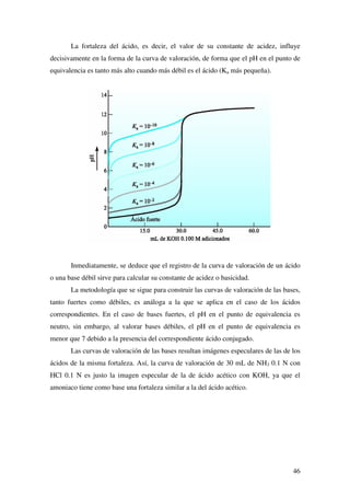 32
Si Kh 10-5
D αh  1; 1-αh =1
Como observamos, el grado de hidrólisis en este caso no depende de la
concentración inicial de electrolito.
El pH resulta próximo a la neutralidad, dependiendo de la fortaleza relativa del ácido y
de la base.
 ',62/8,21(6 5(*8/$'25$6 $0257,*8$'25$6 %8))(5 2
7$0321
Son aquellas disoluciones que presentan la propiedad de no sufrir variaciones
apreciables en su pH al añadir cantidades moderadas de ácido, base o al diluir. Estas
disoluciones tienen gran importancia en procesos químicos, industriales, biológicos,
fisiológicos, etc en los que es necesario mantener el pH de disoluciones en unos
márgenes estrechos de fluctuación.
Existen dos tipos de disoluciones reguladoras:
-ácidos y bases fuertes moderadamente concentrados
-ácido débil y su base conjugada o base débil y su ácido conjugado en concentraciones
semejantes.
La primera de ellas actúa en las zonas extremas de pH. El ácido fuerte o base
fuerte actúa como regulador del pH debido a su concentración, de forma que la
introducción de una pequeña cantidad de ácido o base modifica muy poco la
concentración total de ácido o de base presente.
La capacidad de amortiguación de esta disolución depende de la concentración
inicial de ácido o base fuerte que constituya la disolución amortiguadora: a mayor
α•
–
—™˜
.
. .
=
.
+$F
$F
+
.
.
. .
d
e
f
e9g
= = =−
+
[ ]
[ ]
[ ]2
2
2
2
S+ S. S.h i= + −7
1
2
1
2
 