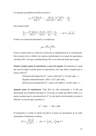 $,'26 )8(57(6  '(%,/(6
La concentración de protones es, prácticamente, la suministrada por el ácido fuerte,
que ejerciendo un efecto de ión común sobre el ácido débil disminuye la extensión de su
disociación. Ejemplo HCl 10-1
M y HNO2 10-1
M (Ka = 5.1 10-4
)
 