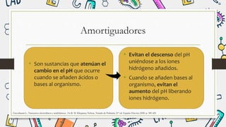 Amortiguadores
• Son sustancias que atenúan el
cambio en el pH que ocurre
cuando se añaden ácidos o
bases al organismo.
• Evitan el descenso del pH
uniéndose a los iones
hidrógeno añadidos.
• Cuando se añaden bases al
organismo, evitan el
aumento del pH liberando
iones hidrógeno.
Greenbaum L.. Trastornos electrolíticos y acidobásicos. En R. M. Kliegman, Nelson, Tratado de Pediatría. 21º ed. España: Elsevier; 2020. p. 389-425
 