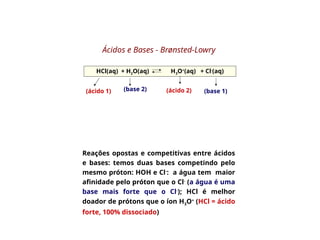 Reações opostas e competitivas entre ácidos
e bases: temos duas bases competindo pelo
mesmo próton: HOH e Cl-
: a água tem maior
afinidade pelo próton que o Cl-
(a água é uma
base mais forte que o Cl-
); HCl é melhor
doador de prótons que o íon H3O+
(HCl = ácido
forte, 100% dissociado)
(ácido 1) (base 2) (ácido 2) (base 1)
HCl(aq) + H2O(aq) H3O+
(aq) + Cl-
(aq)
Ácidos e Bases - Brønsted-Lowry
 