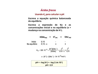 Usando Ka para calcular o pH
Escreva a equação química balanceada
do equilíbrio.
Escreva a expressão de Ka e as
concentrações inicial e no equilíbrio (x =
mudança na concentração de H+
).
pH = - log [H+
] = - log [1,4x 10-3
]
pH = 2,9
Ácidos fracos
 