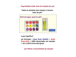 Todas as soluções tem sempre o mesmo
valor de pH?
o que significa?
sal formado = base forte (NaOH) + ácido
forte (HCl) = 100% dissociados em solução
= [H+
] e [OH-
] livres são iguais
pH reflete a neutralidade da solução
Propriedades ácido- base de soluções de sais
NaCl em água, qual é o pH?
1 2 3 4
5 6 7 8
9 10 11 12
pH=7,0
 