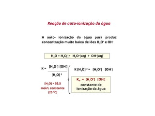 A auto- ionização da água pura produz
concentração muito baixa de iões H3O+
e OH-
H2O + H2O H3O+
(aq) + OH-
(aq)
K =
[H3O+
] [OH-
]
[H2O] 2
K [H2O] 2
= [H3O+
] [OH-
]
Kw = [H3O+
] [OH-
]
constante de
ionização da água
[H2O] = 55,5
mol/L constante
(25 ºC)
Reação de auto-ionização da água
 