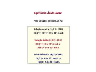 Para soluções aquosas, 25 ºC:
Solução neutra: [H3O+
] = [OH-
]
[H3O+
] = [OH-
] = 1,0 x 10-7
mol/L
Solução ácida: [H3O+
] > [OH-
]
[H3O+
] > 1,0 x 10-7
mol/L e
[OH-
] < 1,0 x 10-7
mol/L
Solução básica: [H3O+
] < [OH-
]
[H3O+
] < 1,0 x 10-7
mol/L e
[OH-
] > 1,0 x 10-7
mol/L
Equilíbrio Ácido-Base
 