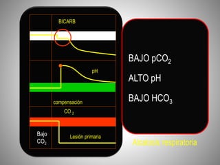 CO ₂ y pH cambian en
direcciones opuestas
Lesión primaria
compensación
pH
CO 2
BICARB
Alcalosis respiratoria
BAJO pCO2
ALTO pH
BAJO HCO3
Bajo
CO2
 