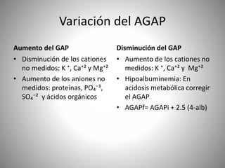 Variación del AGAP
Aumento del GAP
• Disminución de los cationes
no medidos: K ⁺, Ca⁺² y Mg⁺²
• Aumento de los aniones no
medidos: proteínas, PO₄⁻³,
SO₄⁻² y ácidos orgánicos
Disminución del GAP
• Aumento de los cationes no
medidos: K ⁺, Ca⁺² y Mg⁺²
• Hipoalbuminemia: En
acidosis metabólica corregir
el AGAP
• AGAPf= AGAPi + 2.5 (4-alb)
 