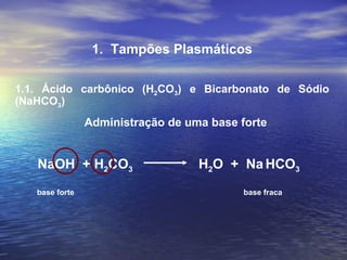 1.  Tampões Plasmáticos 1.1. Ácido carbônico (H 2 CO 3 ) e Bicarbonato de Sódio (NaHCO 3 )  Administração de uma base forte NaOH  + H 2 CO 3  H 2 O  +  Na   HCO 3 base forte  base fraca 