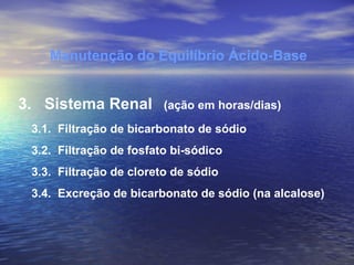 Manutenção do Equilíbrio Ácido-Base 3.  Sistema Renal   (ação em horas/dias) 3.1.  Filtração de bicarbonato de sódio 3.2.  Filtração de fosfato bi-sódico 3.3.  Filtração de cloreto de sódio 3.4.  Excreção de bicarbonato de sódio (na alcalose) 