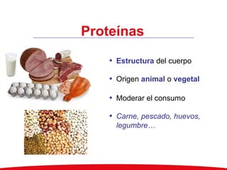 Proteínas
Pan, pasta, arroz, cereales,
harina, patatas…
Aceite de oliva, frutos secos,
aceites de semillas…
• Estructura del cuerpo
• Origen animal o vegetal
• Moderar el consumo
• Carne, pescado, huevos,
legumbre…
 