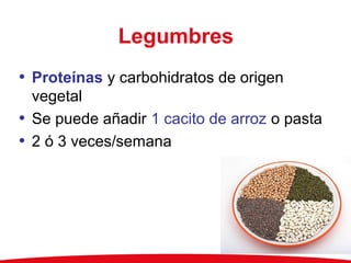 Legumbres
• Proteínas y carbohidratos de origen
vegetal
• Se puede añadir 1 cacito de arroz o pasta
• 2 ó 3 veces/semana
 