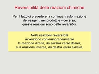 3
Reversibilità delle reazioni chimiche
Per il fatto di prevedere la continua trasformazione
dei reagenti nei prodotti e viceversa,
queste reazioni sono dette reversibili.
Nelle reazioni reversibili
avvengono contemporaneamente
la reazione diretta, da sinistra verso destra,
e la reazione inversa, da destra verso sinistra.
Nelle reazioni reversibili
avvengono contemporaneamente
la reazione diretta, da sinistra verso destra,
e la reazione inversa, da destra verso sinistra.
 