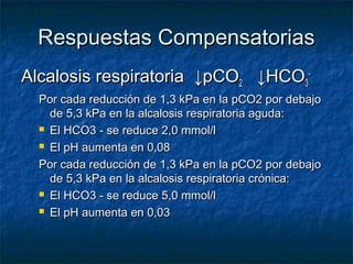 Respuestas Compensatorias
Alcalosis respiratoria ↓pCO2 ↓HCO3-
  Por cada reducción de 1,3 kPa en la pCO2 por debajo
    de 5,3 kPa en la alcalosis respiratoria aguda:
   El HCO3 - se reduce 2,0 mmol/l

   El pH aumenta en 0,08

  Por cada reducción de 1,3 kPa en la pCO2 por debajo
    de 5,3 kPa en la alcalosis respiratoria crónica:
   El HCO3 - se reduce 5,0 mmol/l

   El pH aumenta en 0,03
 