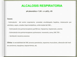 ALCALOSIS RESPIRATORIA
pH plasmático > 7,45 con pCO2 <35
Causas:
- Estimulación del centro respiratorio: ansiedad, encefalopatía hepática, intoxicación por
salicilatos, sepsis, estados hipermetabólicos, enfermedad del SNC...
- Estimulación de quimiorreceptores periféricos: hipoxemia, hipotensión, anemia
- Estimulación de quimiorreceptores pulmonares: neumonía, asma, EAP, TEP…
- Ventilación mecánica excesiva
Clínica: la excitabilidad del SNC provoca parestesias, espasmos musculares, alteración del nivel
de conciencia, taquipnea, taquiarritmias, etc.
 