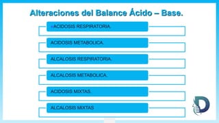 Alteraciones del Balance Ácido – Base.
ACIDOSIS RESPIRATORIA.
ACIDOSIS METABOLICA.
ALCALOSIS RESPIRATORIA.
ALCALOSIS METABOLICA.
ACIDOSIS MIXTAS.
ALCALOSIS MIXTAS
 