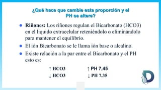 ¿Qué hace que cambie esta proporción y el
PH se altere?
 Riñones: Los riñones regulan el Bicarbonato (HCO3)
en el liquido extracelular reteniéndolo o eliminándolo
para mantener el equilibrio.
 El ión Bicarbonato se le llama ión base o alcalino.
 Existe relación a la par entre el Bicarbonato y el PH
esto es:
↑ HCO3 ↑ PH 7,45
↓ HCO3 ↓ PH 7,35
 