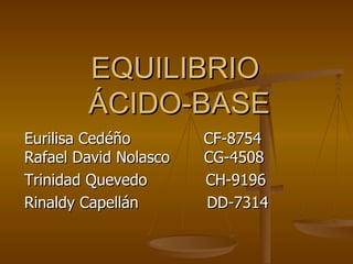 EQUILIBRIO
        ÁCIDO-BASE
Eurilisa Cedéño        CF-8754
Rafael David Nolasco   CG-4508
Trinidad Quevedo       CH-9196
Rinaldy Capellán       DD-7314
 